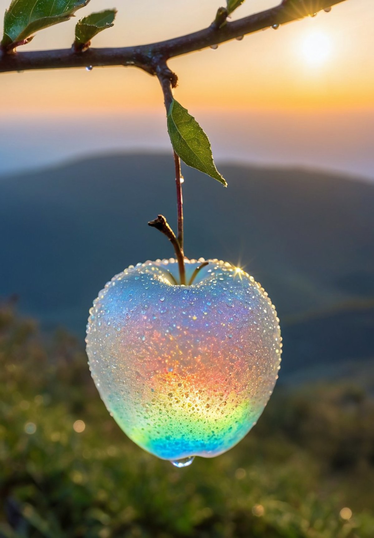 a delicate apple made of opal hung on branch  in the early morning light, adorned with glistening dewdrops. in the backgro...